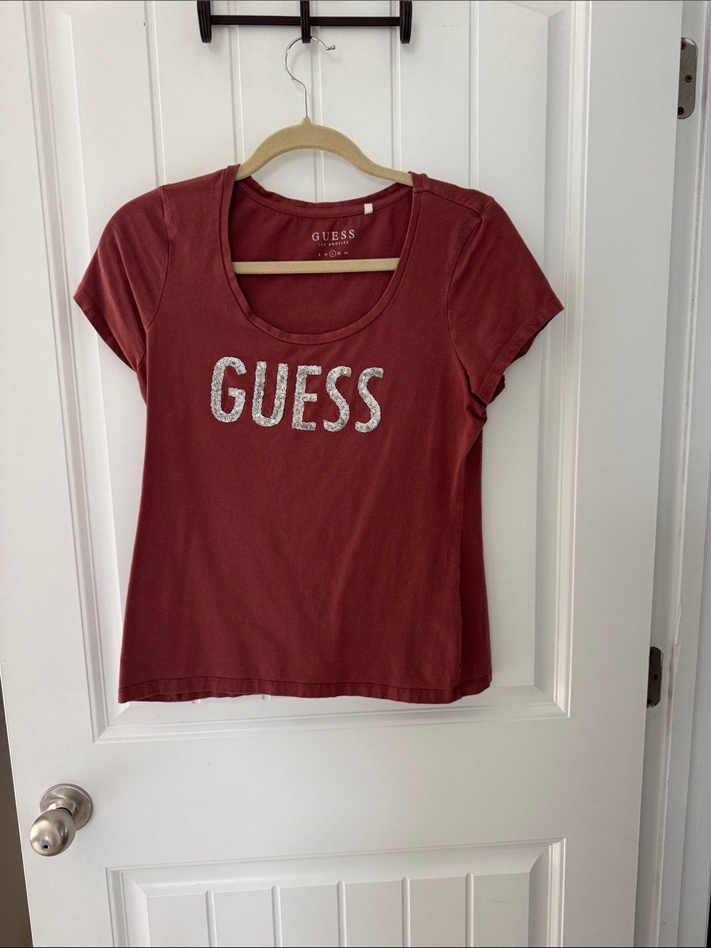 GUESS Brick Red Scoop Neck Logo Tee